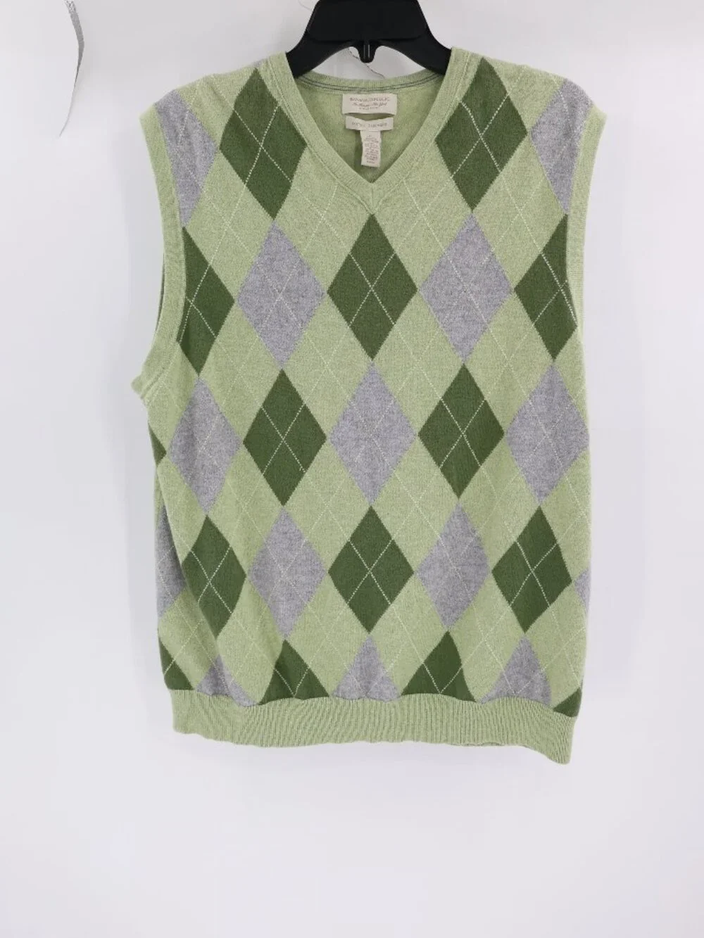 Banana Republic Sweater Vest Men Large cotton Cashmere Green Argyle Vneck Preppy